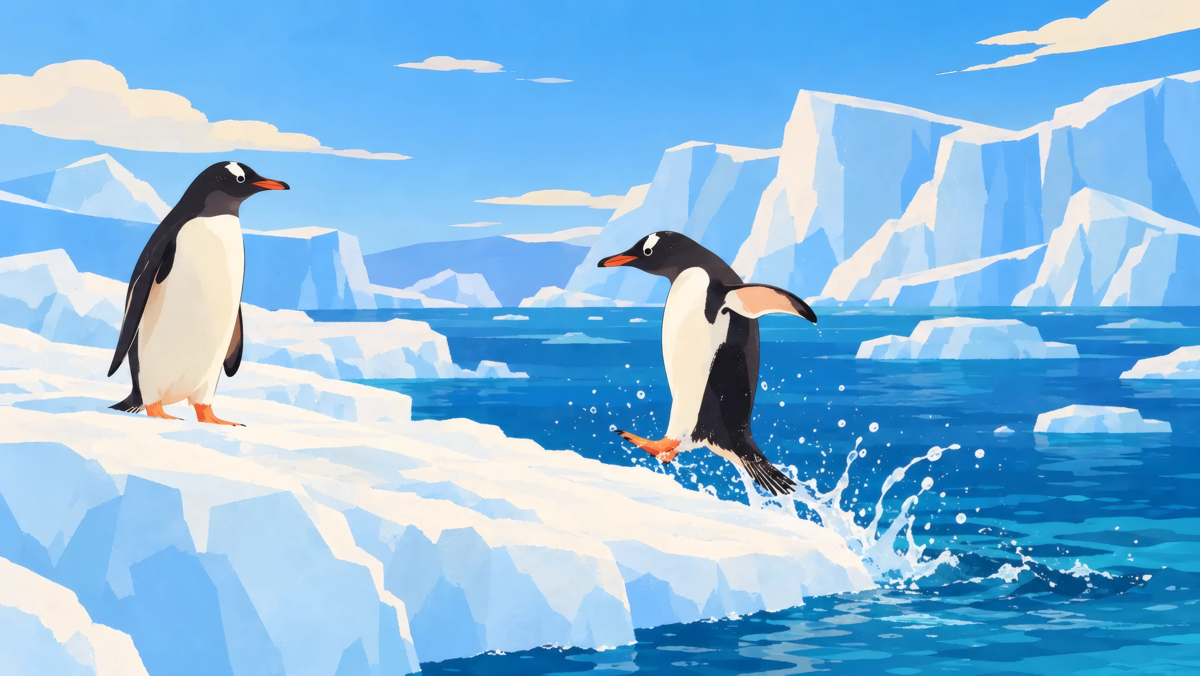 A gentoo penguin launching off the edge of the ice into open water